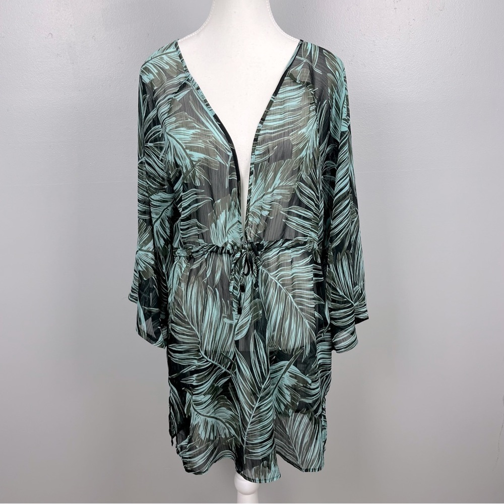Sanctuary palm print cinch & tie waist sheer popover swim cover, size medium.